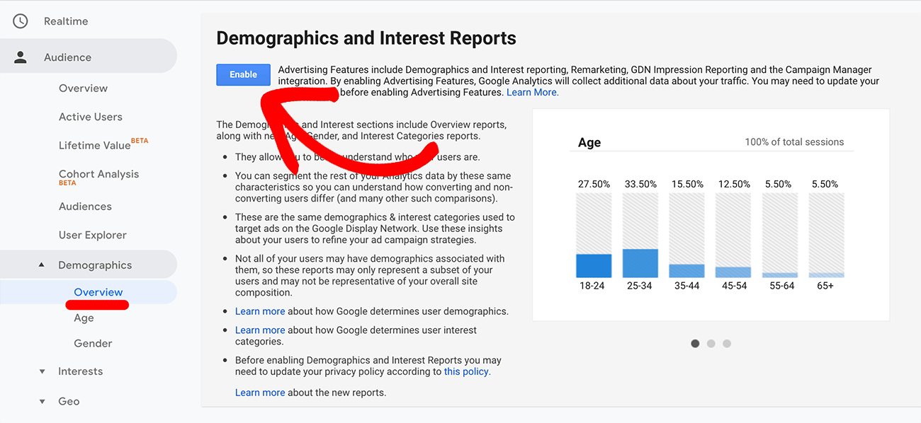 Us new reports. Demographics in Report. Demographic Reports. Google Universal Analytics зачеркнут. Discreet user.