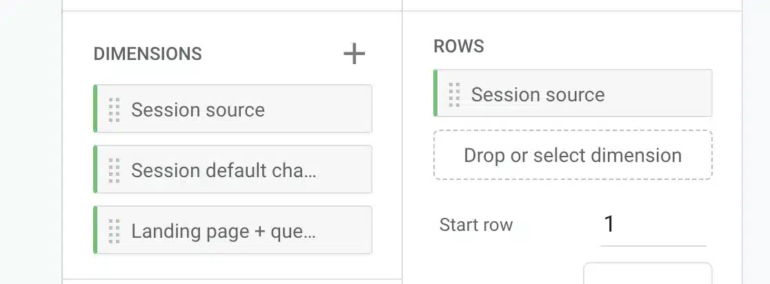 drag dimension session source to rows GA4 custom report