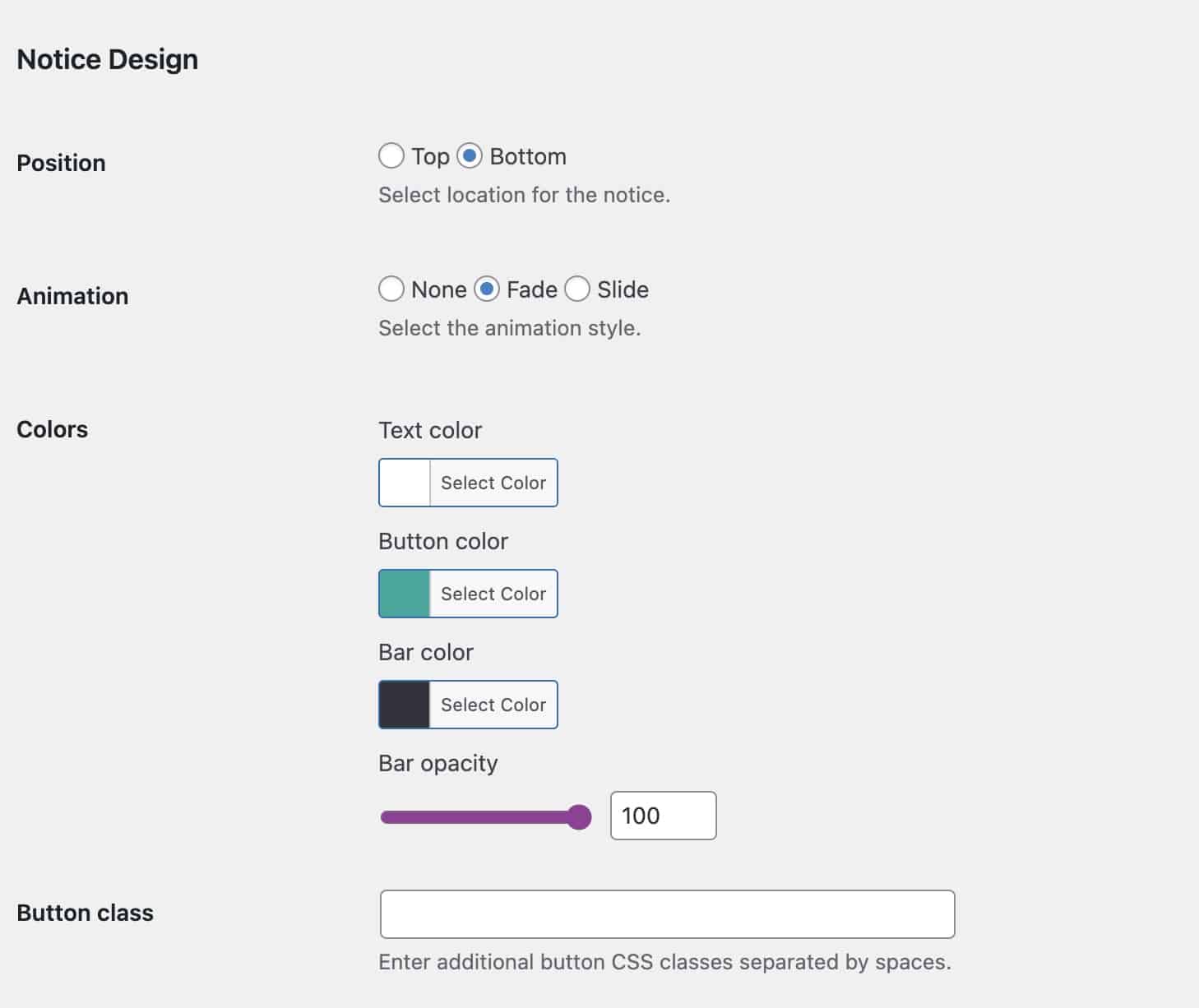 Cookie Notice design options settings