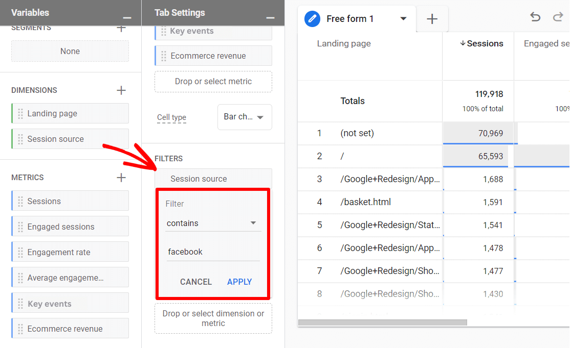 filter fb ga4 report