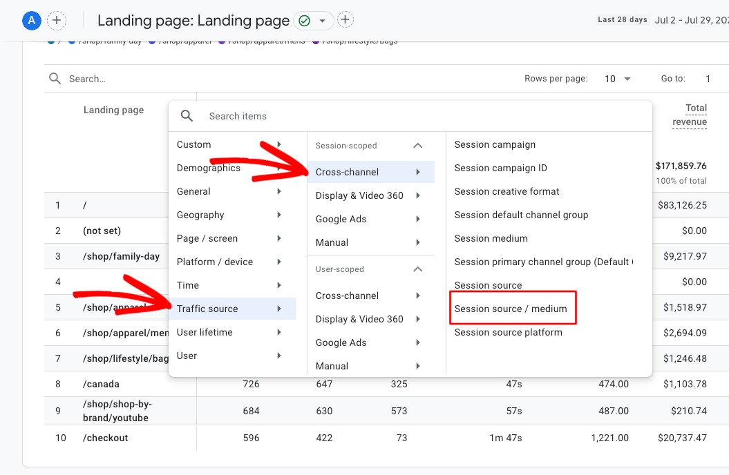 session source/medium landing page ga4 report