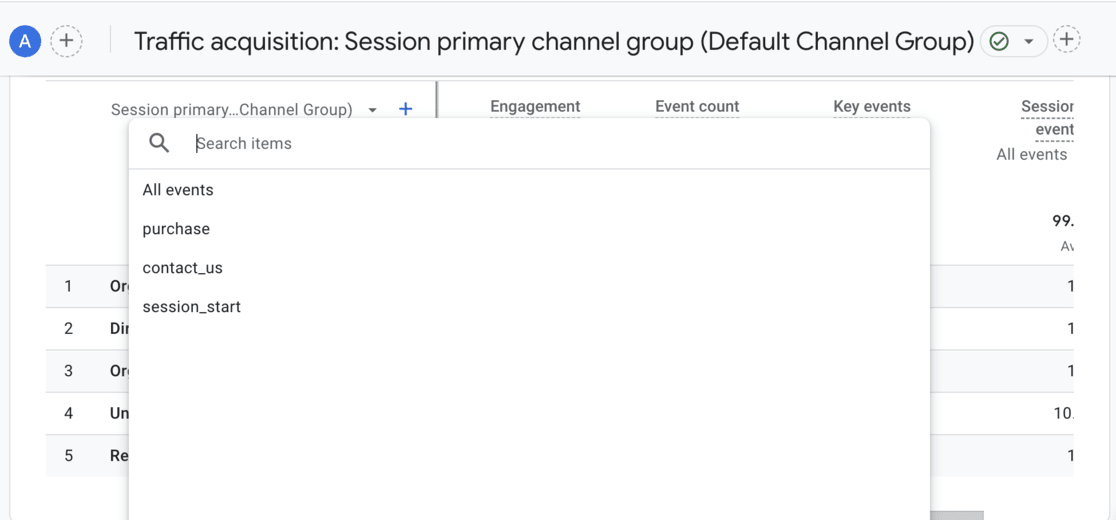 select purchase under key events (conversions) ga4